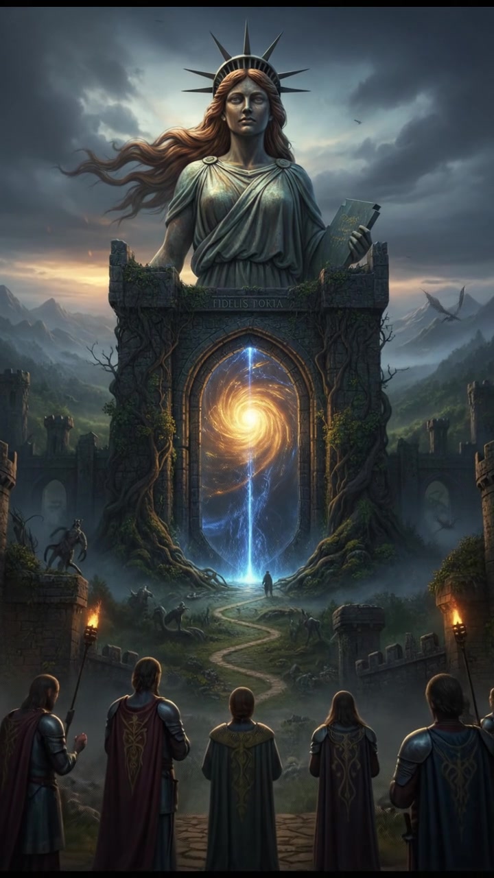 standing before a magical gate or portal that can only be opened by true devotion