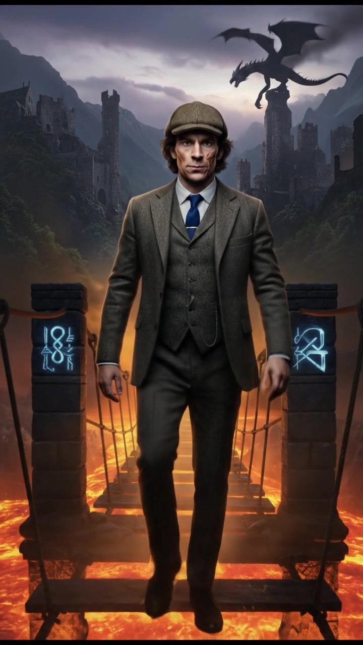 crossing a dangerous bridge suspended over glowing lava or mist, determination in their eyes