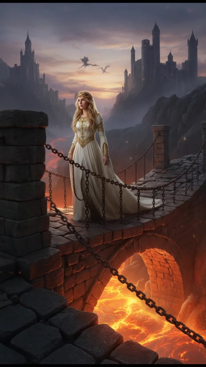 crossing a dangerous bridge suspended over glowing lava or mist, determination in their eyes