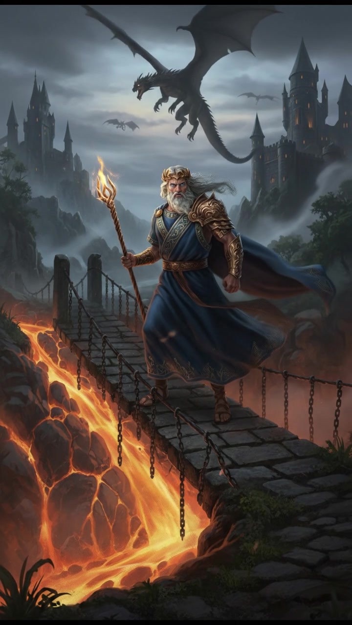 crossing a dangerous bridge suspended over glowing lava or mist, determination in their eyes