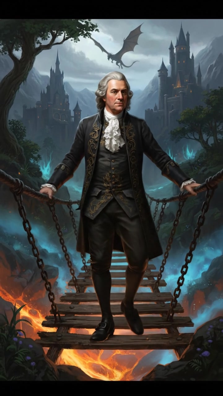 crossing a dangerous bridge suspended over glowing lava or mist, determination in their eyes