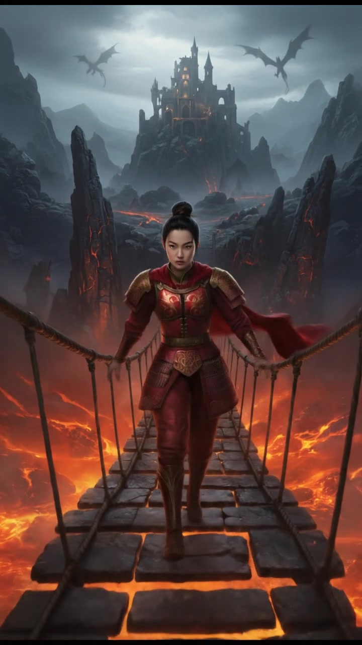 crossing a dangerous bridge suspended over glowing lava or mist, determination in their eyes