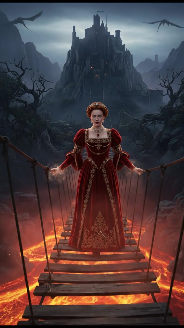 crossing a dangerous bridge suspended over glowing lava or mist, determination in their eyes