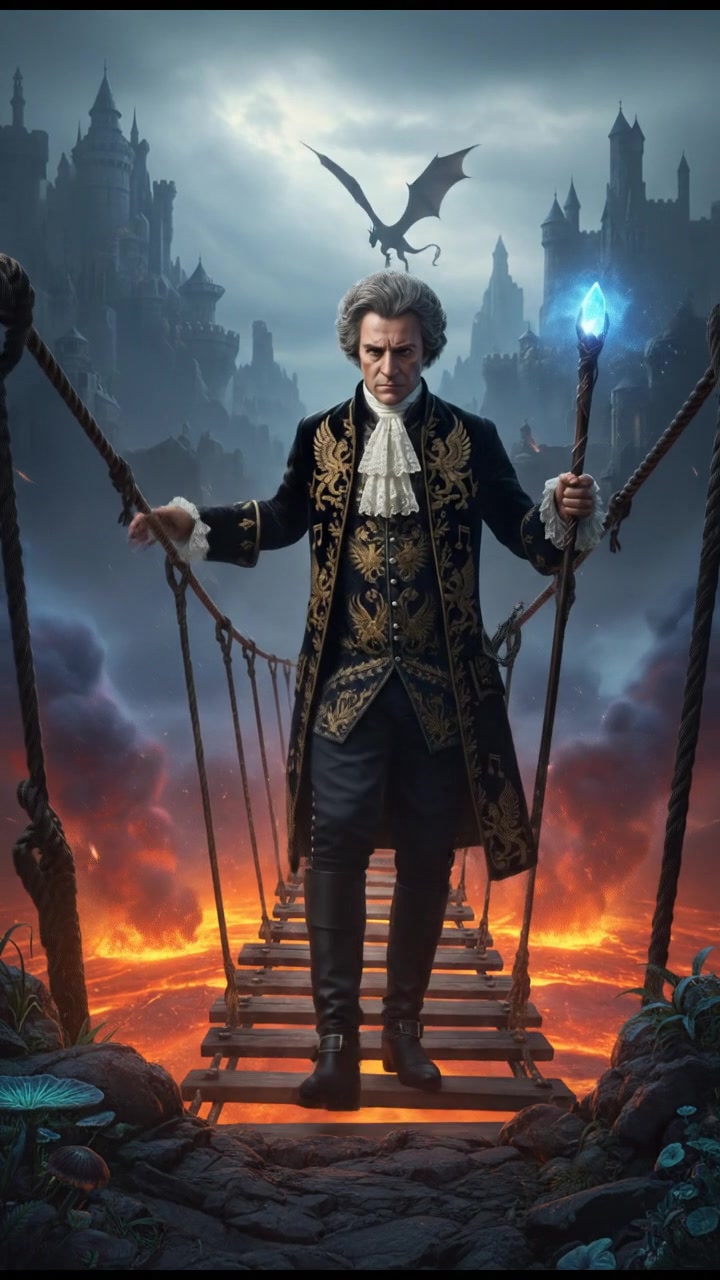 crossing a dangerous bridge suspended over glowing lava or mist, determination in their eyes