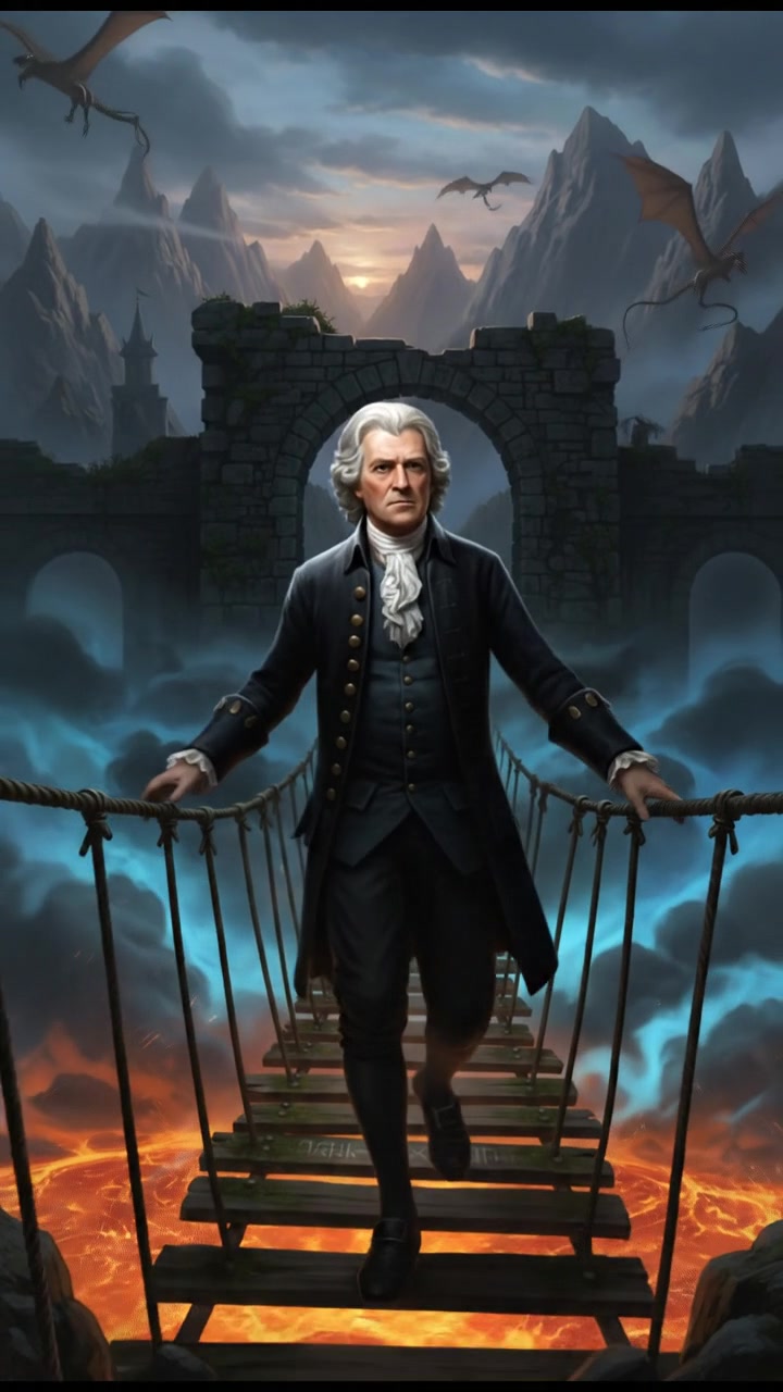 crossing a dangerous bridge suspended over glowing lava or mist, determination in their eyes