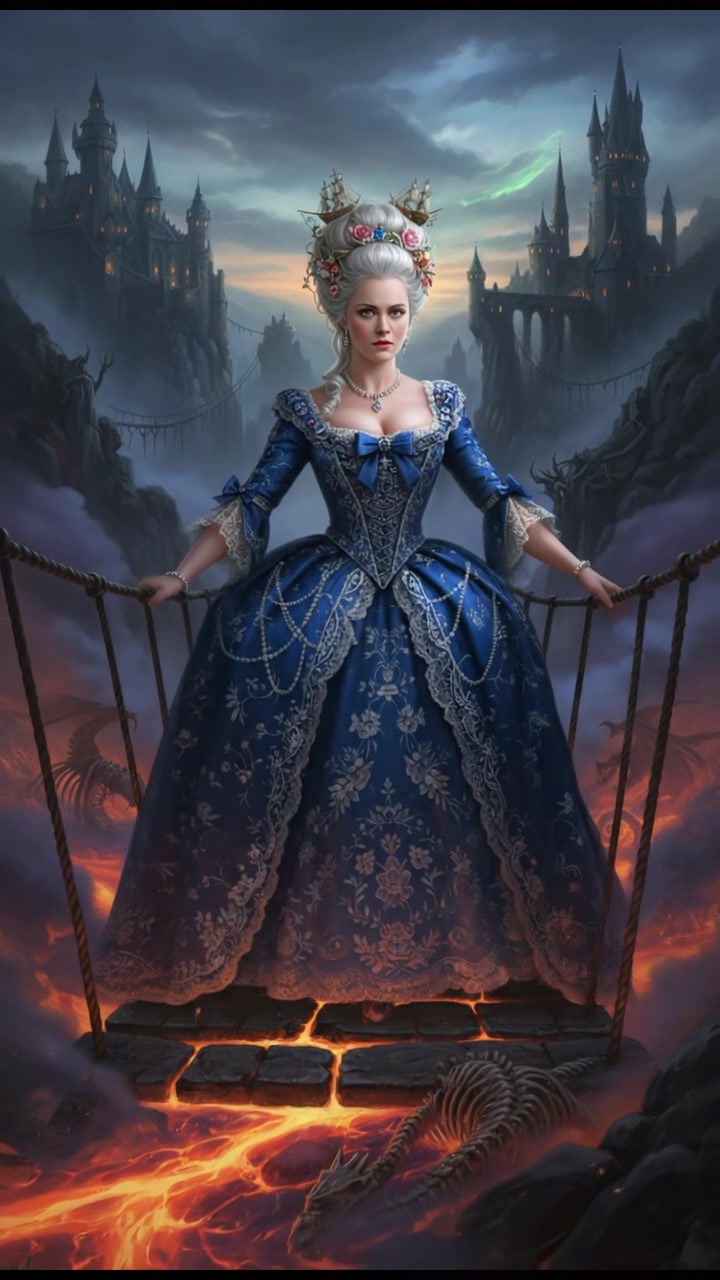 crossing a dangerous bridge suspended over glowing lava or mist, determination in their eyes