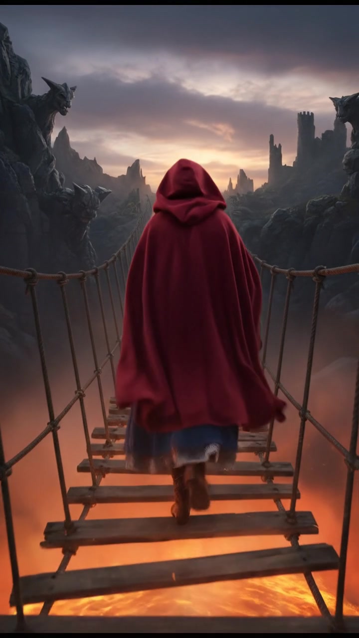 crossing a dangerous bridge suspended over glowing lava or mist, determination in their eyes