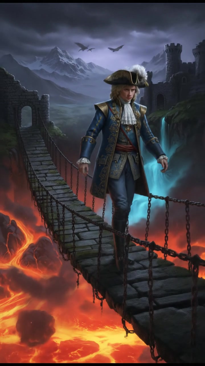 crossing a dangerous bridge suspended over glowing lava or mist, determination in their eyes