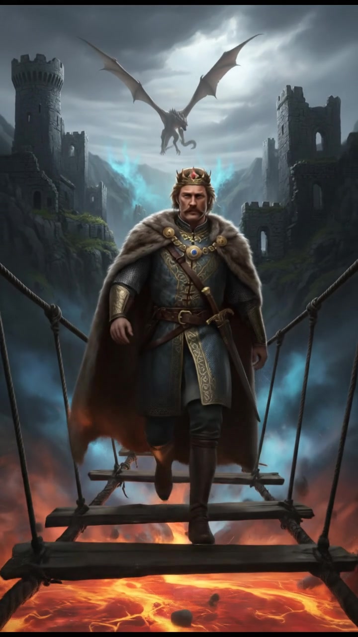 crossing a dangerous bridge suspended over glowing lava or mist, determination in their eyes