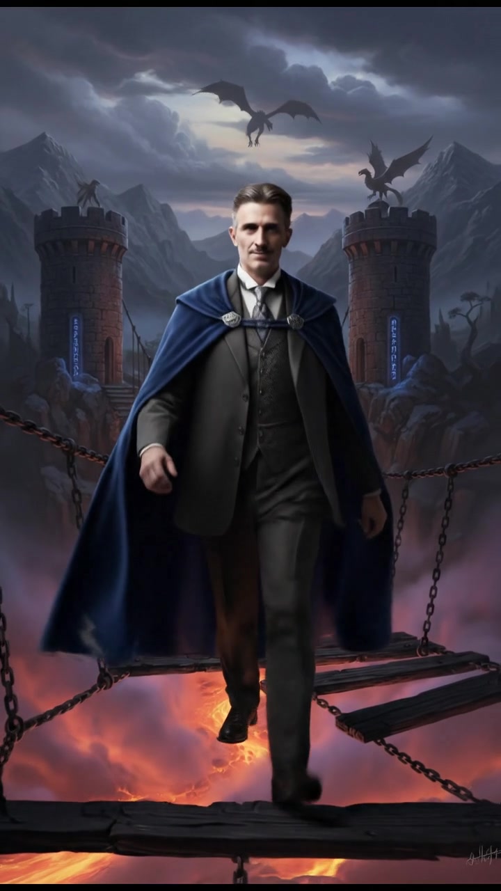 crossing a dangerous bridge suspended over glowing lava or mist, determination in their eyes