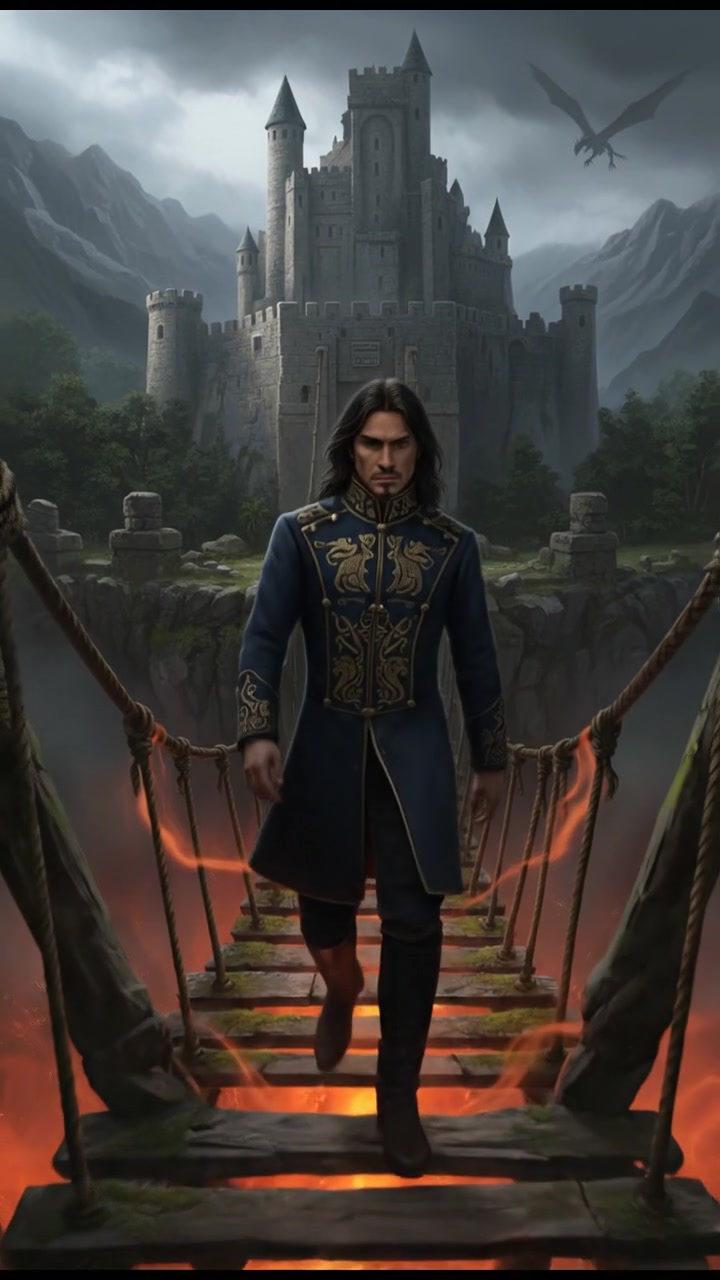 crossing a dangerous bridge suspended over glowing lava or mist, determination in their eyes