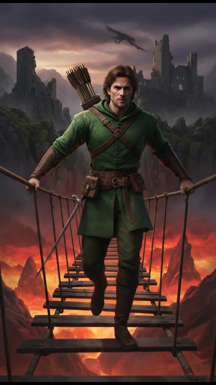 crossing a dangerous bridge suspended over glowing lava or mist, determination in their eyes