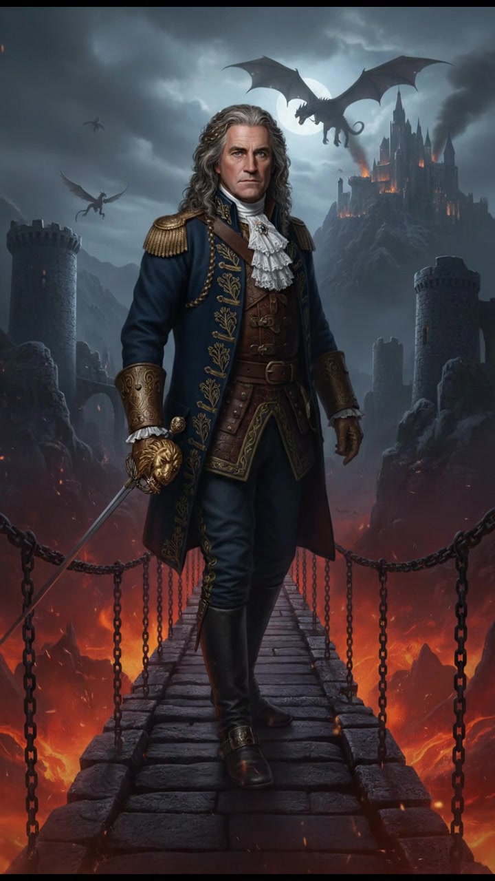 crossing a dangerous bridge suspended over glowing lava or mist, determination in their eyes