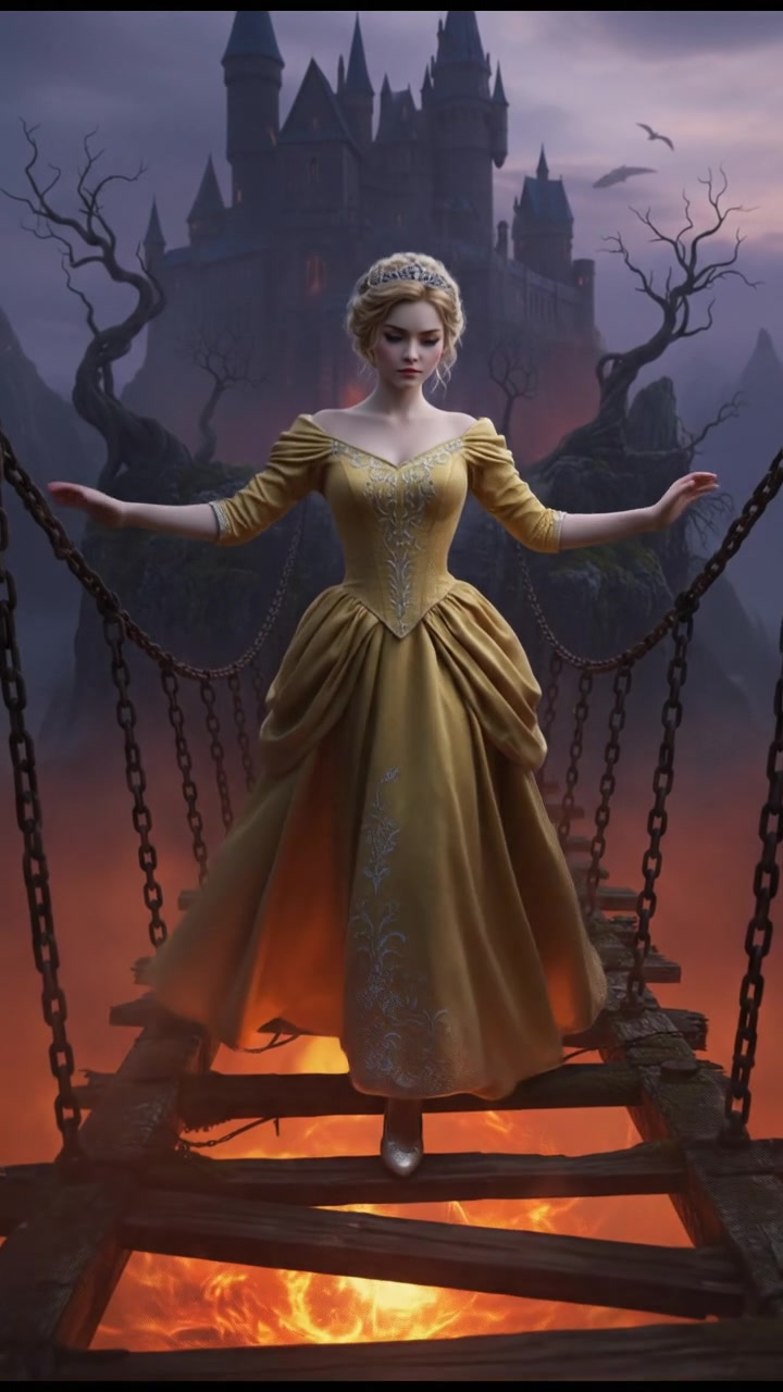 crossing a dangerous bridge suspended over glowing lava or mist, determination in their eyes