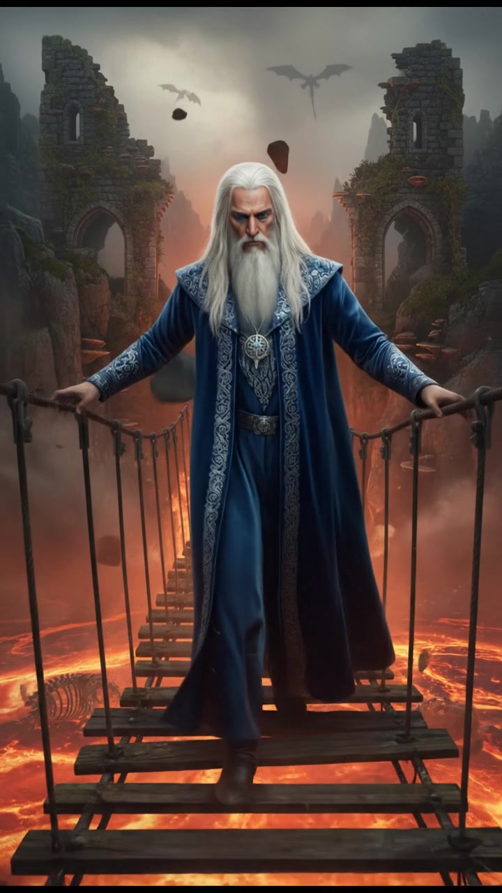 crossing a dangerous bridge suspended over glowing lava or mist, determination in their eyes