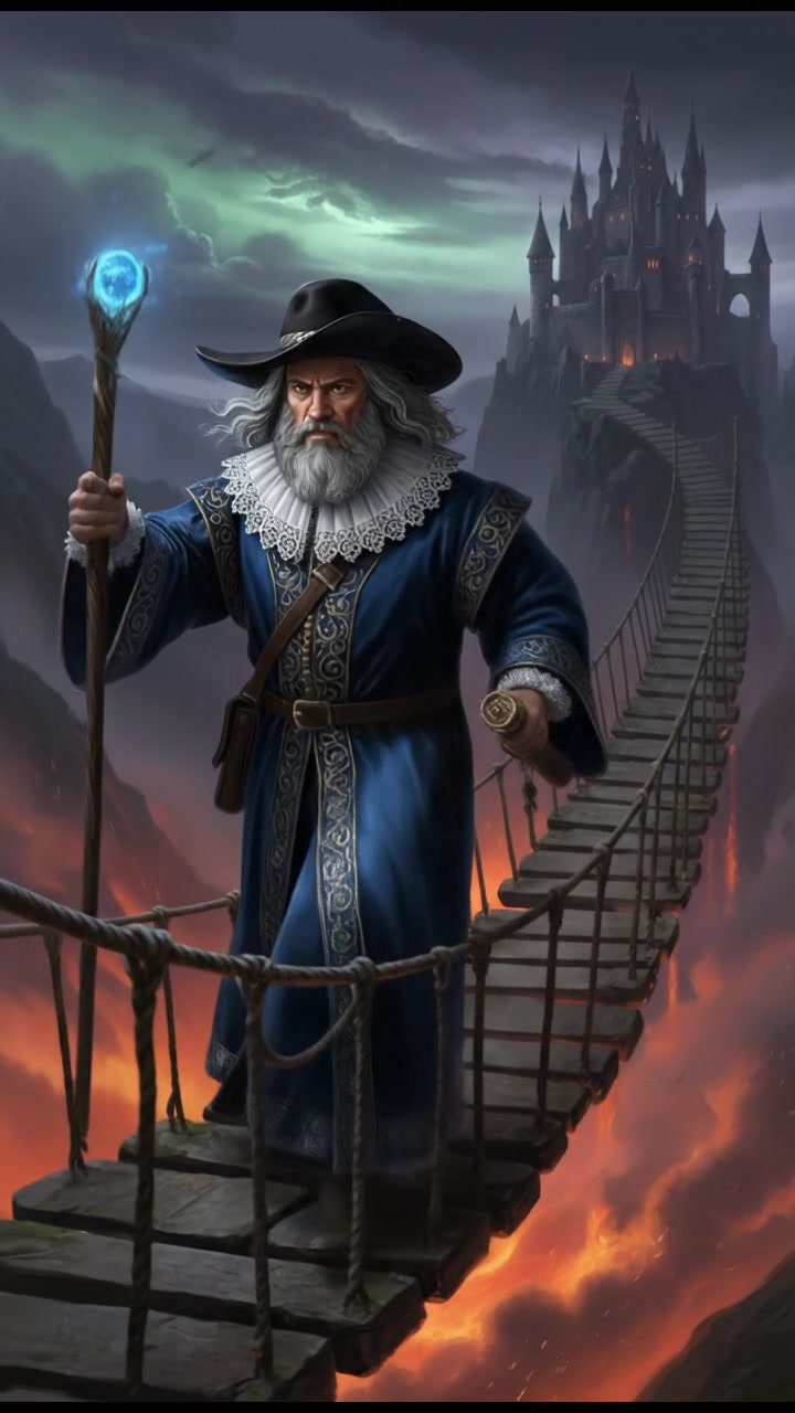 crossing a dangerous bridge suspended over glowing lava or mist, determination in their eyes