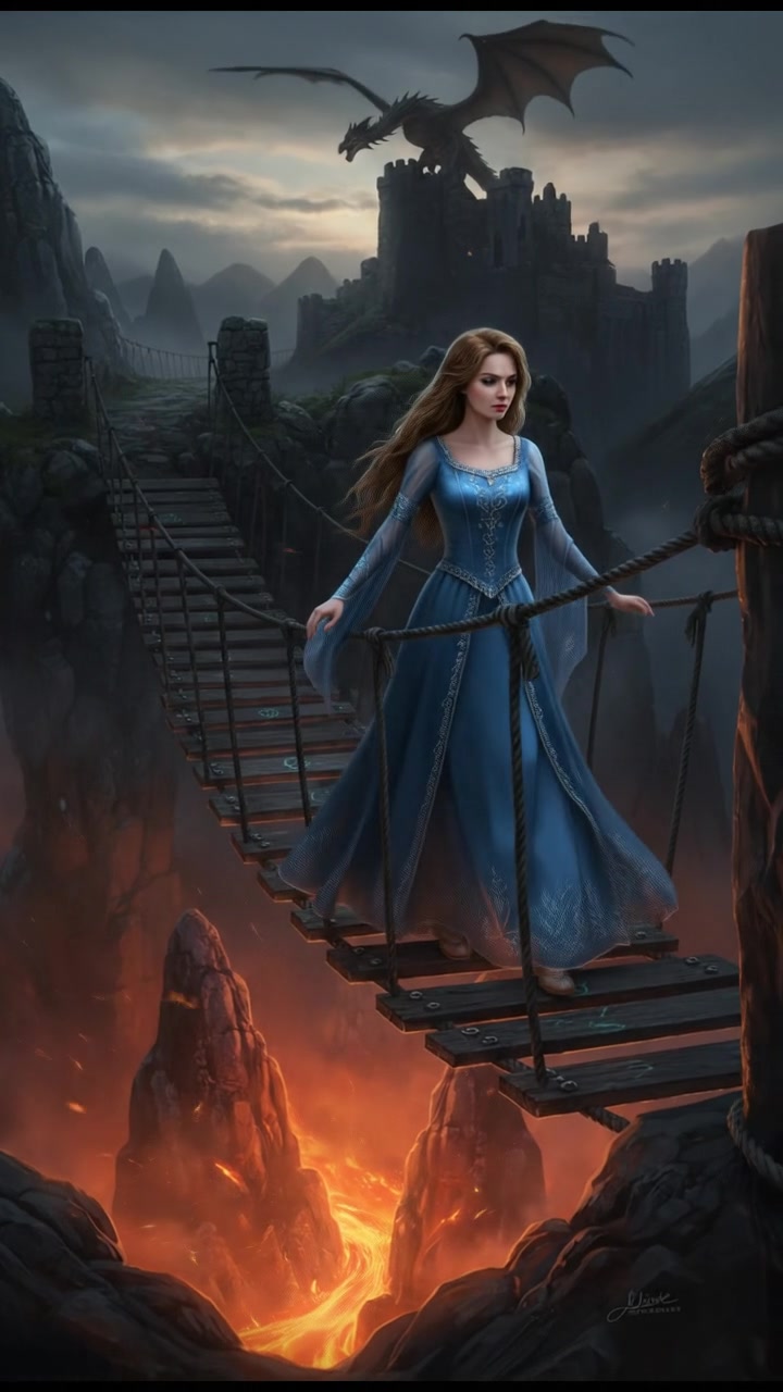 crossing a dangerous bridge suspended over glowing lava or mist, determination in their eyes