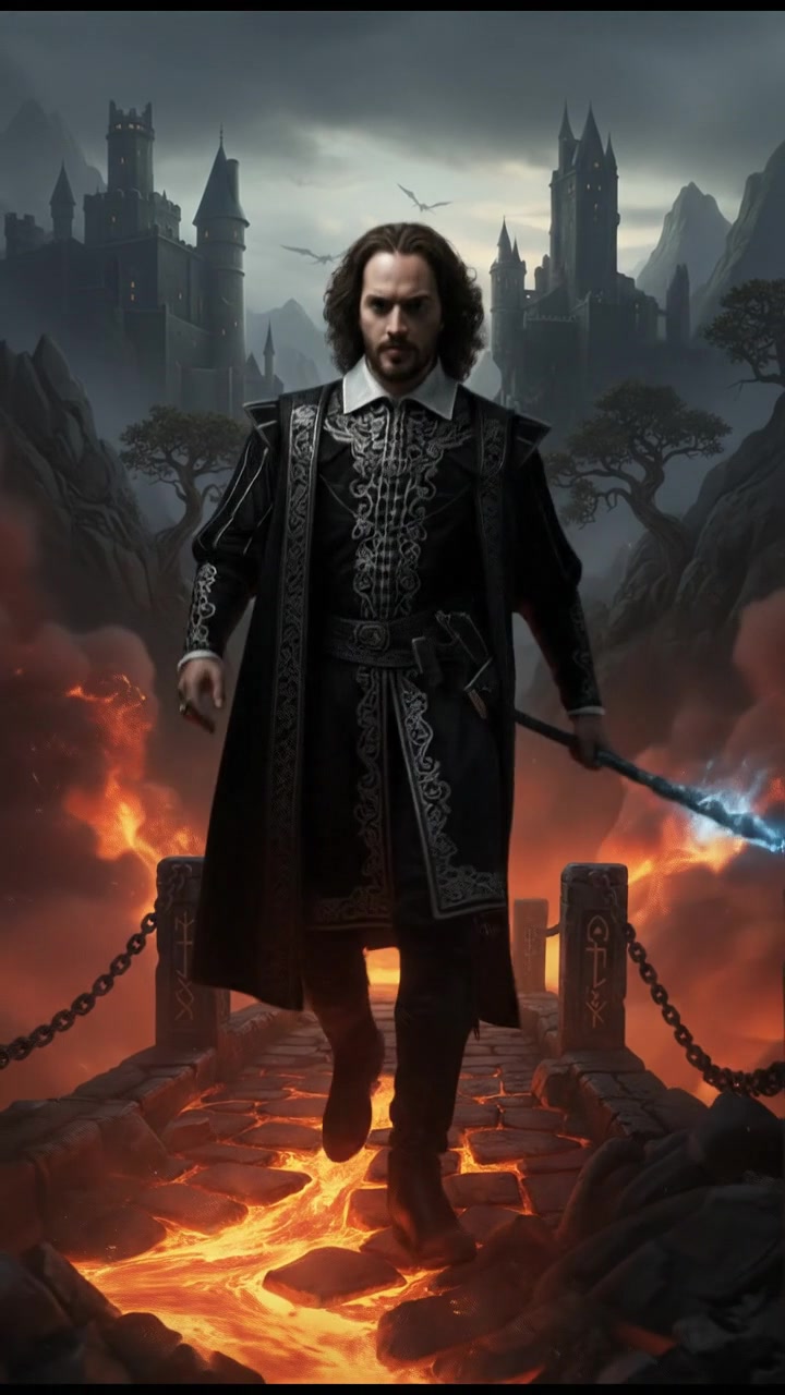 crossing a dangerous bridge suspended over glowing lava or mist, determination in their eyes