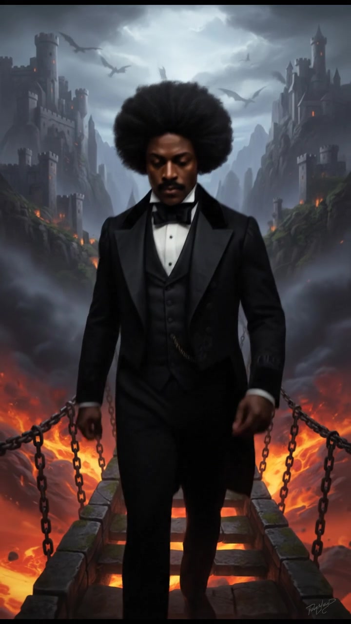 crossing a dangerous bridge suspended over glowing lava or mist, determination in their eyes