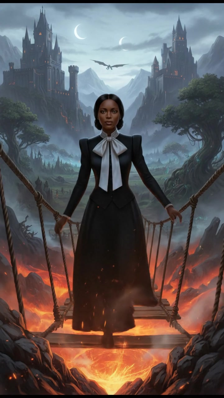 crossing a dangerous bridge suspended over glowing lava or mist, determination in their eyes