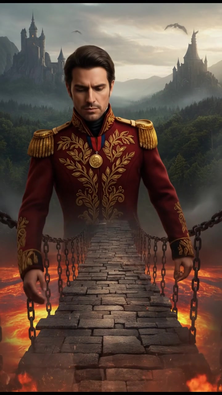 crossing a dangerous bridge suspended over glowing lava or mist, determination in their eyes