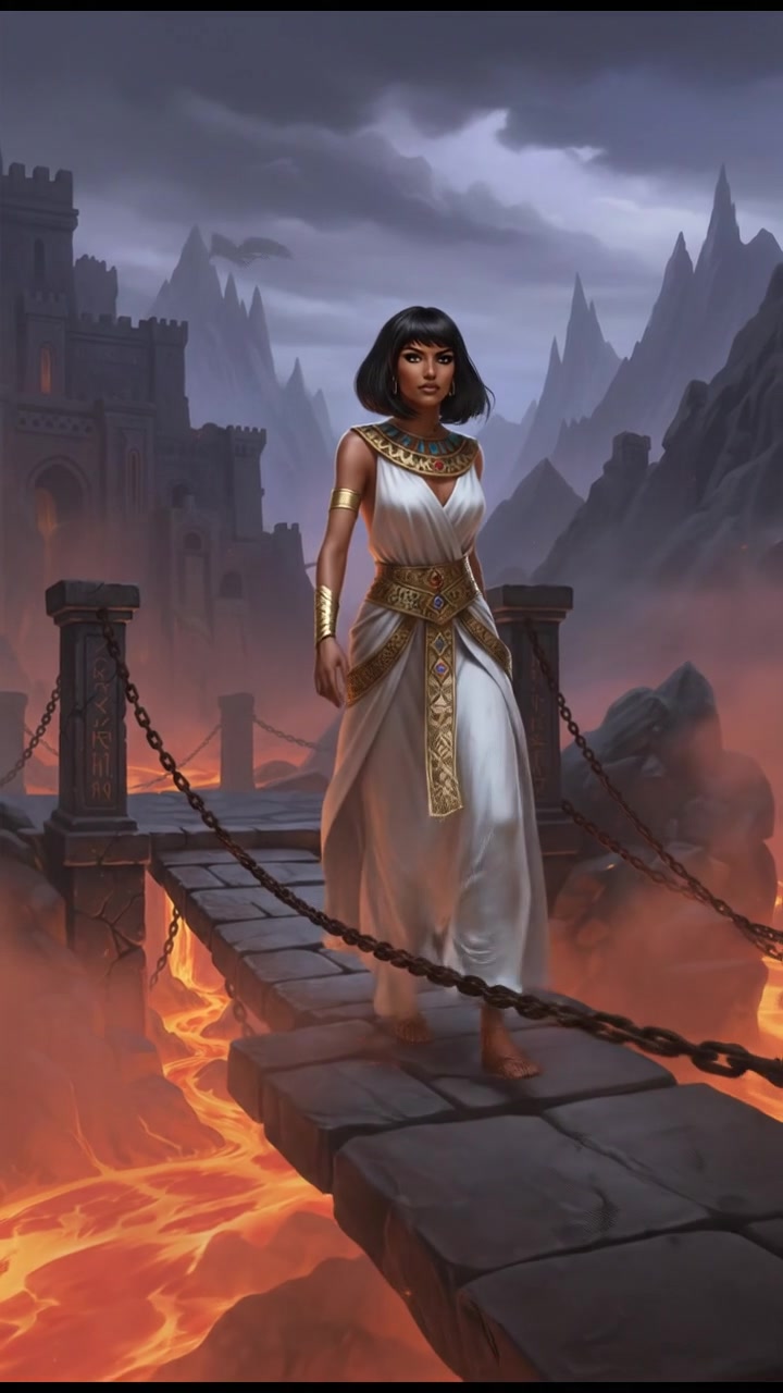 crossing a dangerous bridge suspended over glowing lava or mist, determination in their eyes