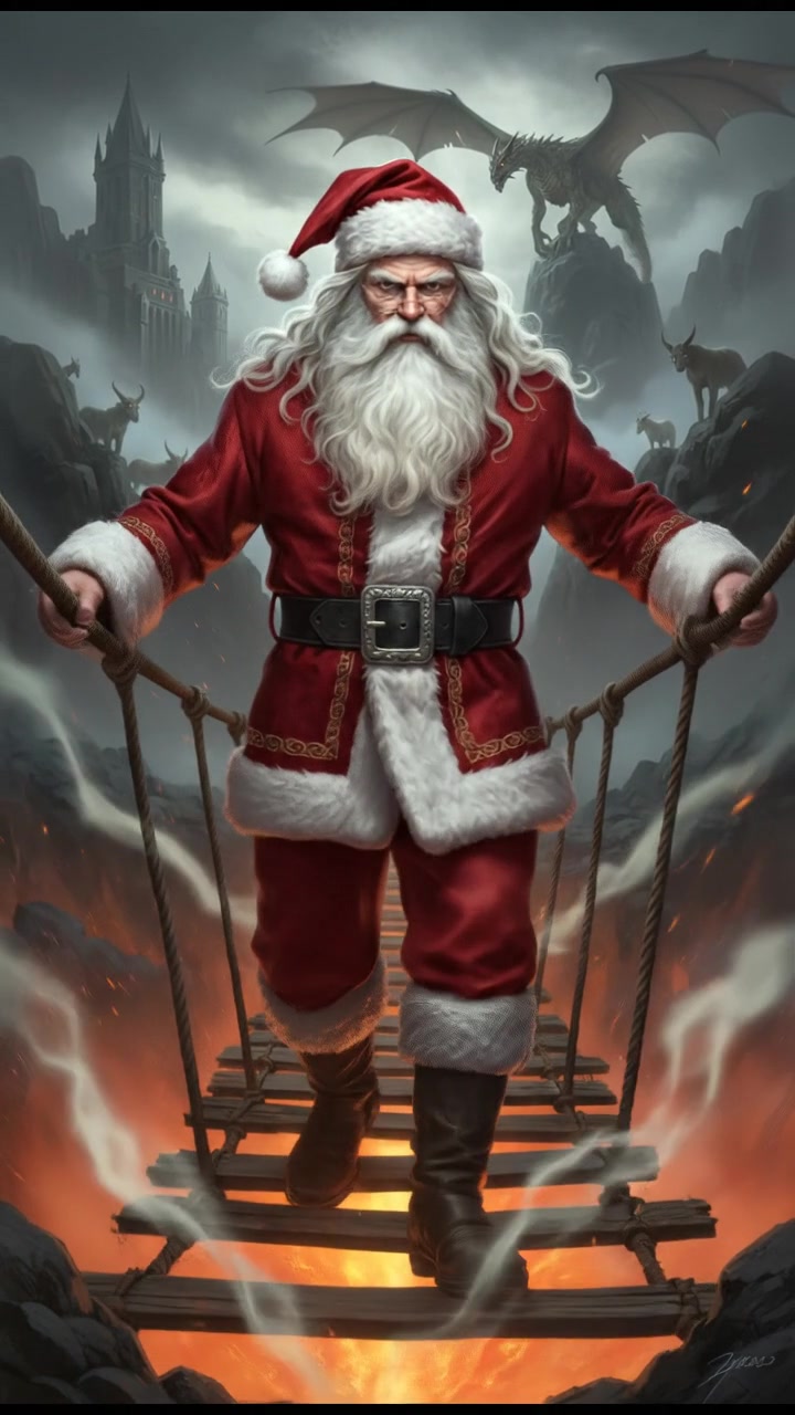 crossing a dangerous bridge suspended over glowing lava or mist, determination in their eyes