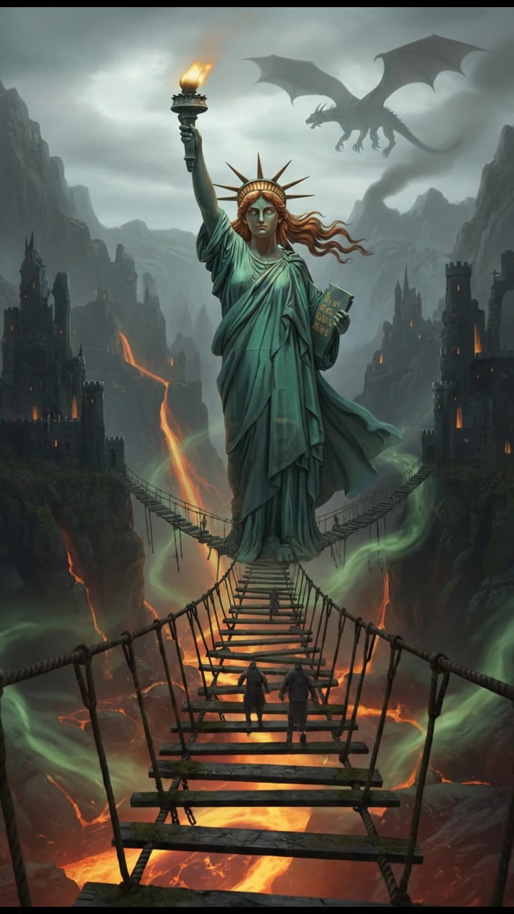 crossing a dangerous bridge suspended over glowing lava or mist, determination in their eyes