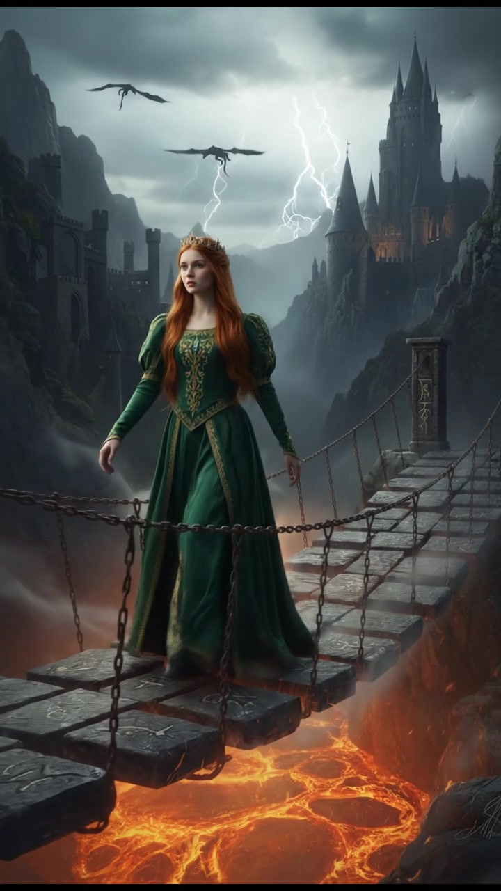 crossing a dangerous bridge suspended over glowing lava or mist, determination in their eyes