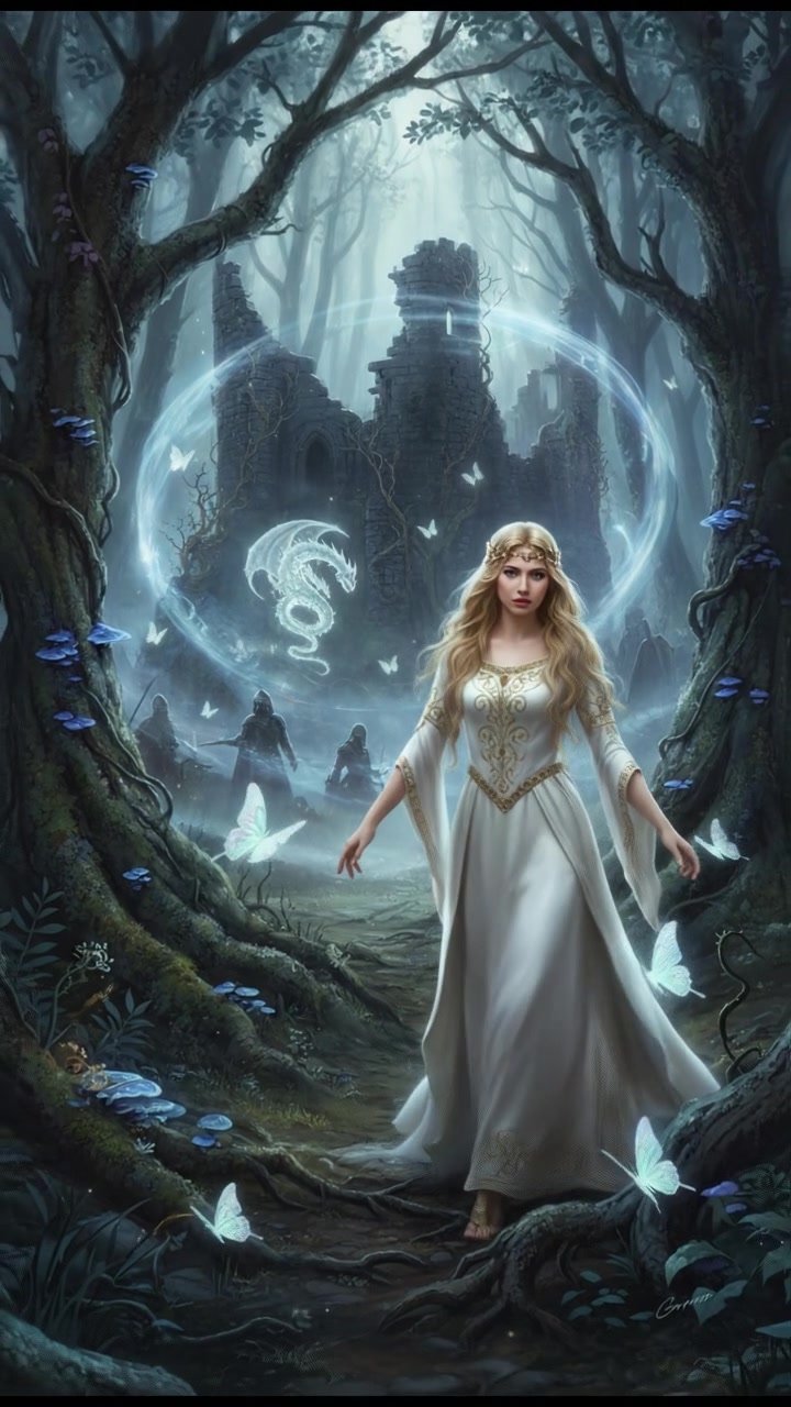 traveling through an enchanted forest where illusions test their heart and resolve