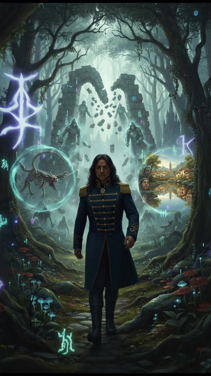 traveling through an enchanted forest where illusions test their heart and resolve