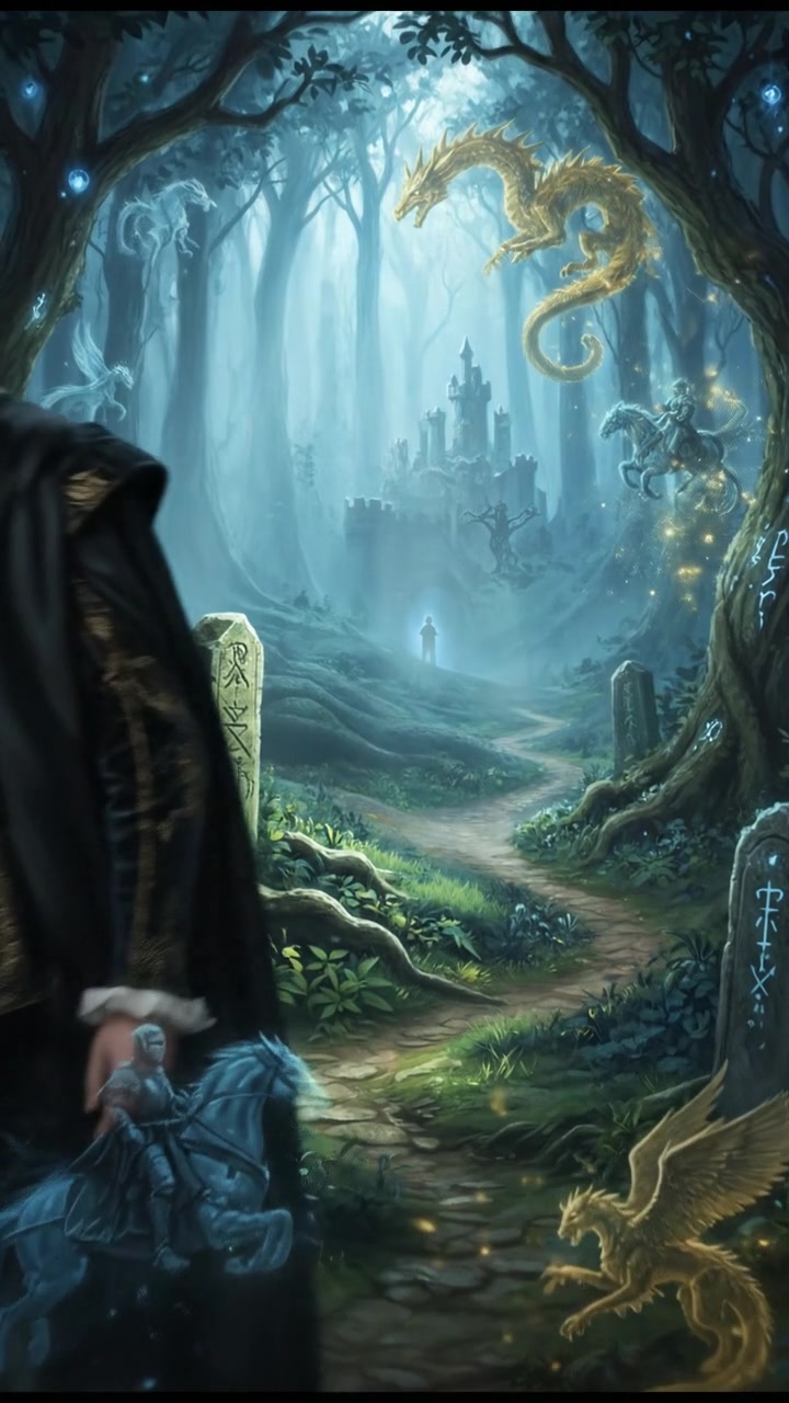 traveling through an enchanted forest where illusions test their heart and resolve