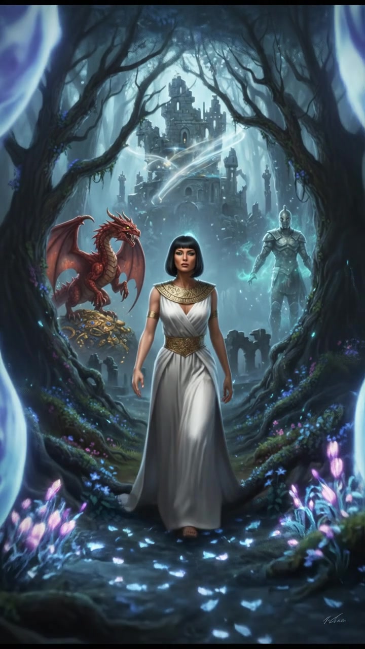 traveling through an enchanted forest where illusions test their heart and resolve