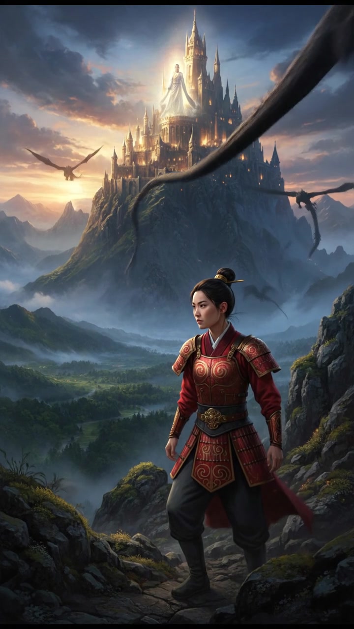 climbing a tall mountain toward a shining castle where their love is kept