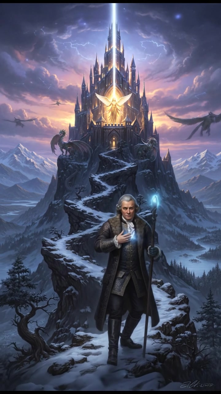 climbing a tall mountain toward a shining castle where their love is kept