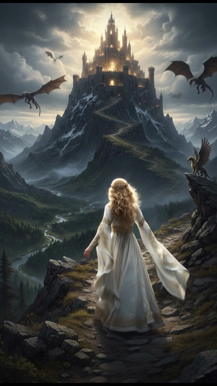 climbing a tall mountain toward a shining castle where their love is kept