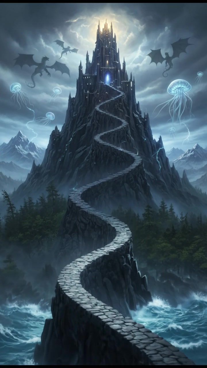 climbing a tall mountain toward a shining castle where their love is kept