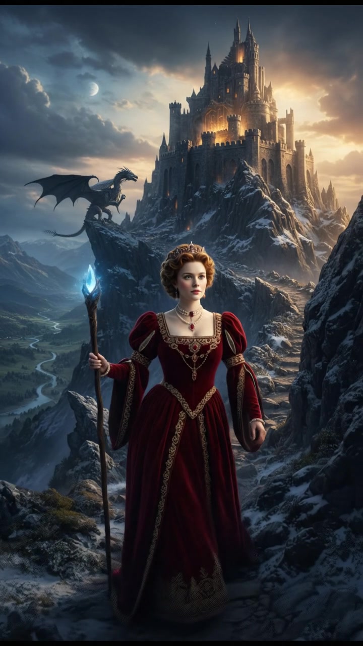 climbing a tall mountain toward a shining castle where their love is kept