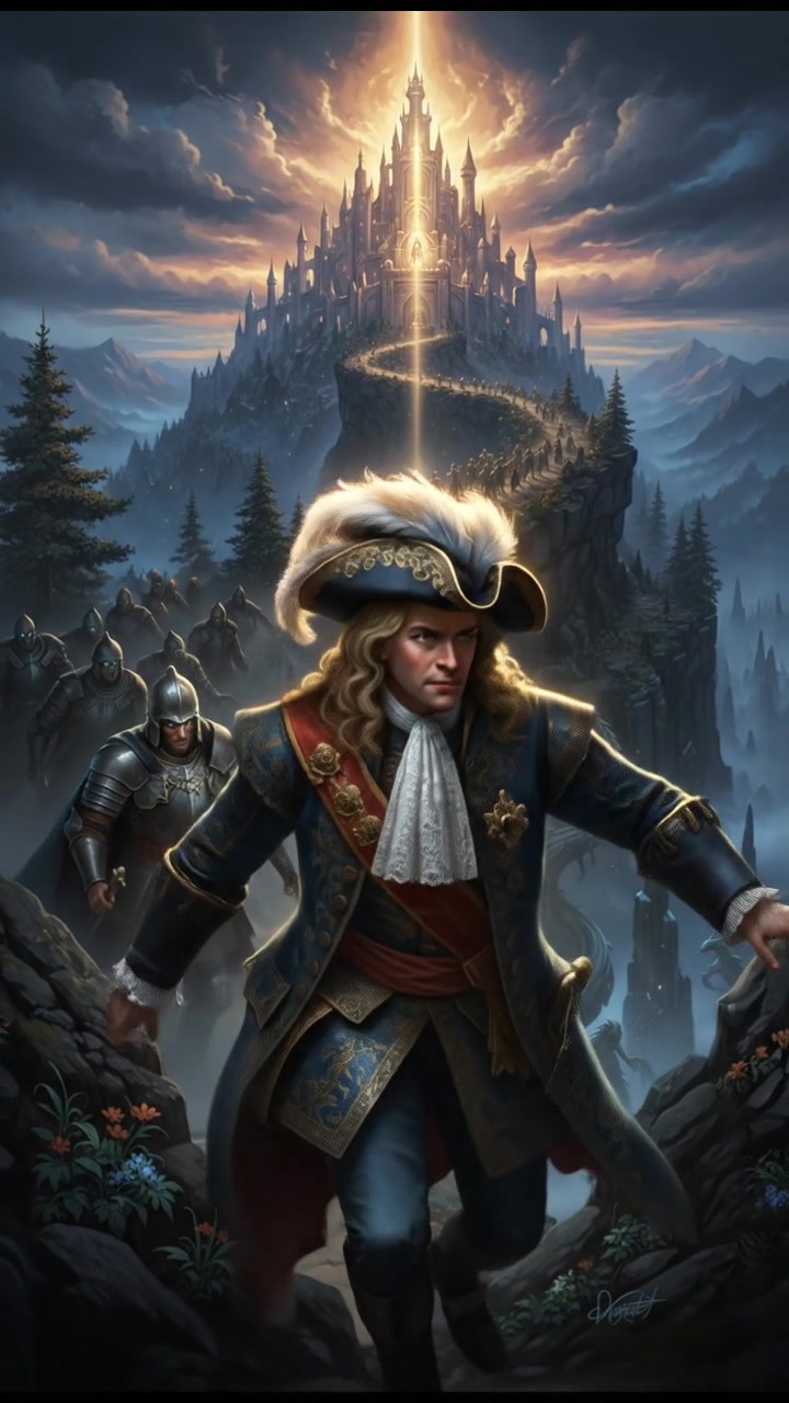 climbing a tall mountain toward a shining castle where their love is kept