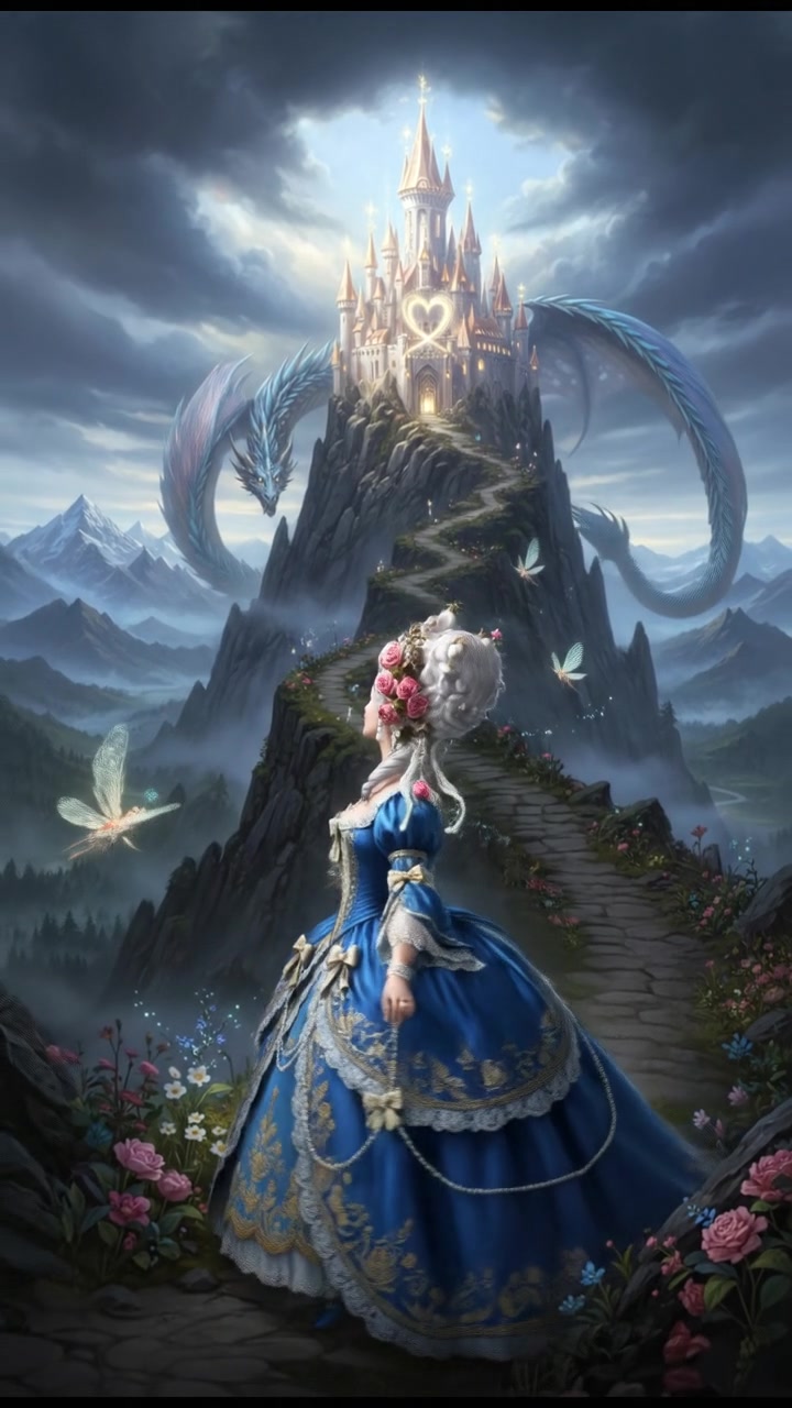 climbing a tall mountain toward a shining castle where their love is kept