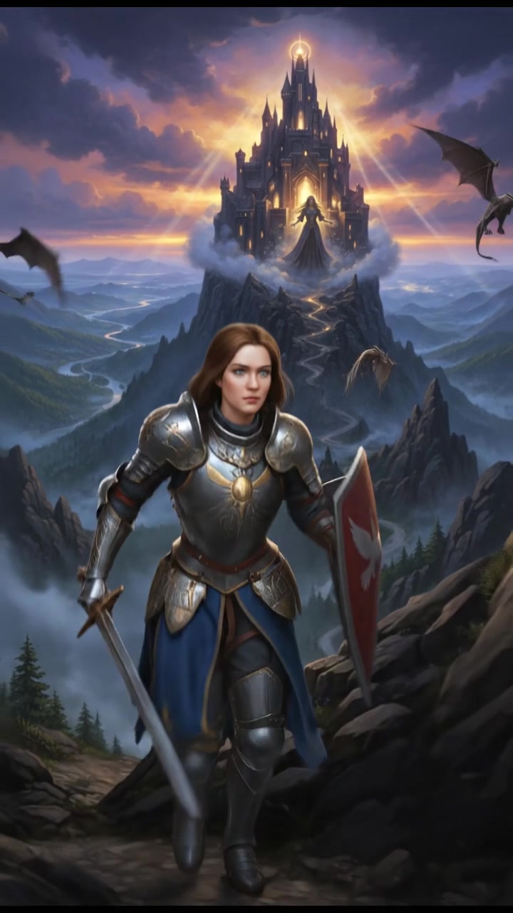 climbing a tall mountain toward a shining castle where their love is kept