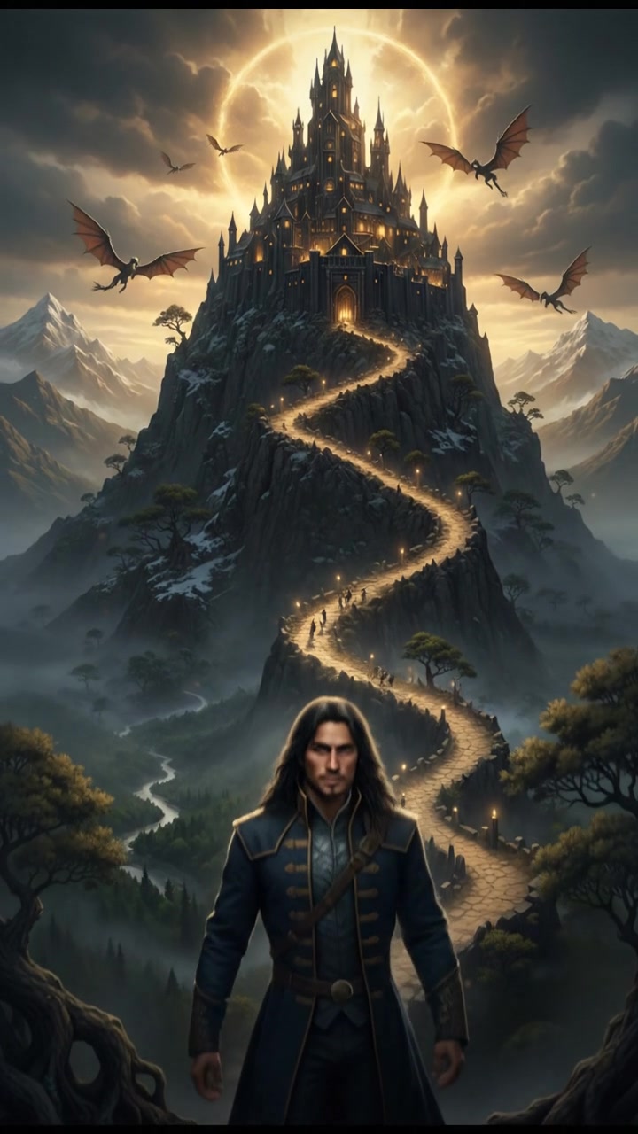 climbing a tall mountain toward a shining castle where their love is kept