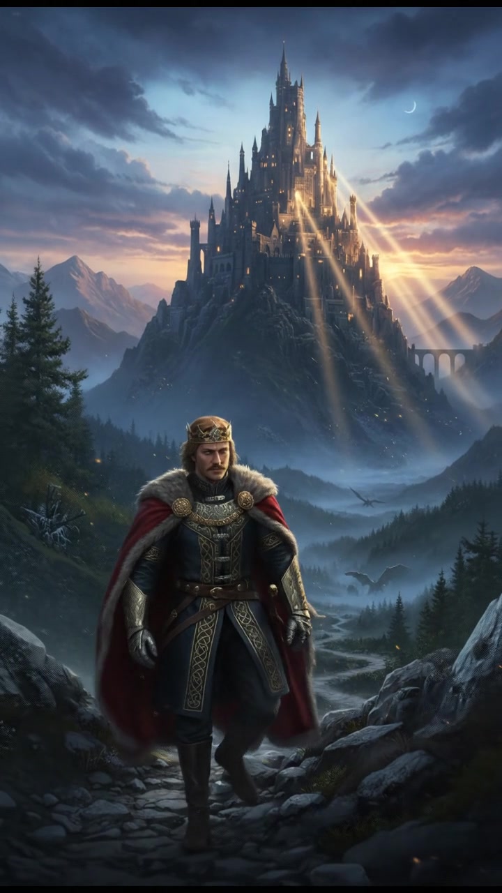 climbing a tall mountain toward a shining castle where their love is kept