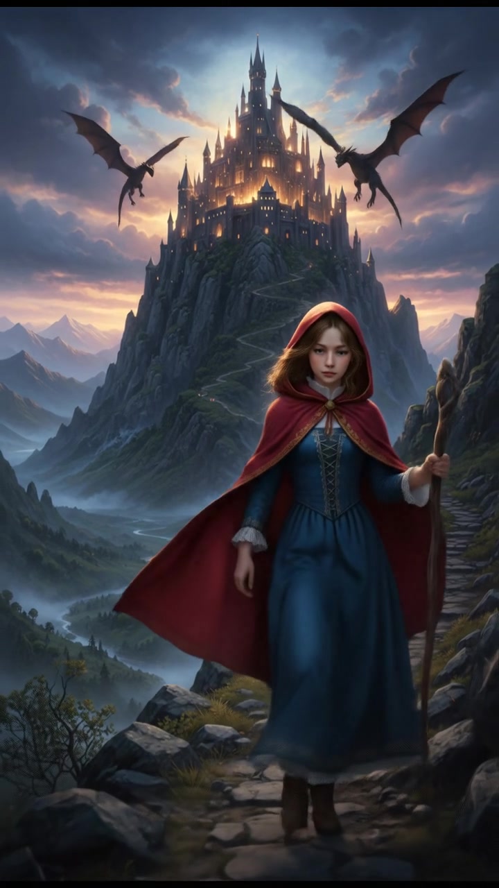 climbing a tall mountain toward a shining castle where their love is kept