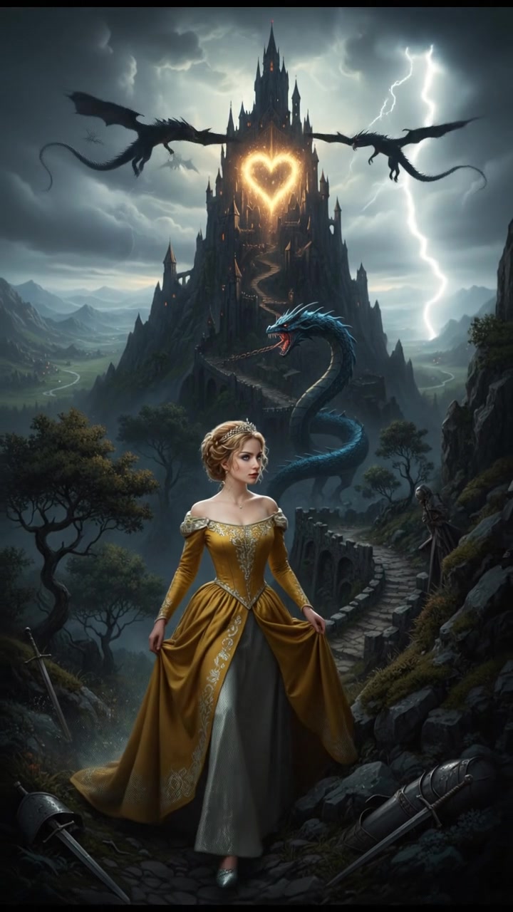 climbing a tall mountain toward a shining castle where their love is kept