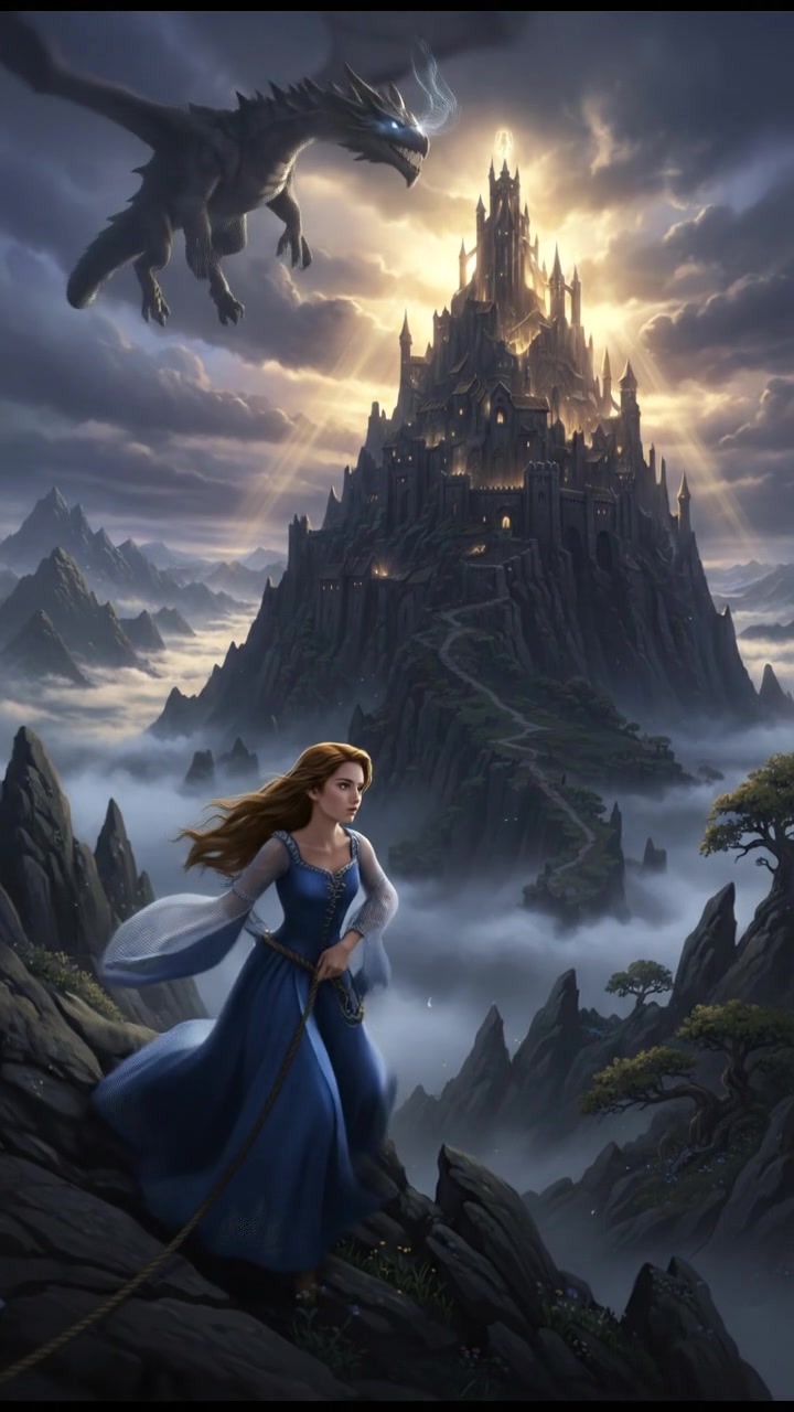 climbing a tall mountain toward a shining castle where their love is kept