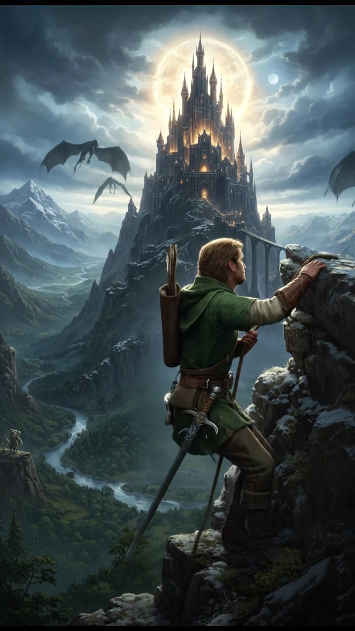 climbing a tall mountain toward a shining castle where their love is kept