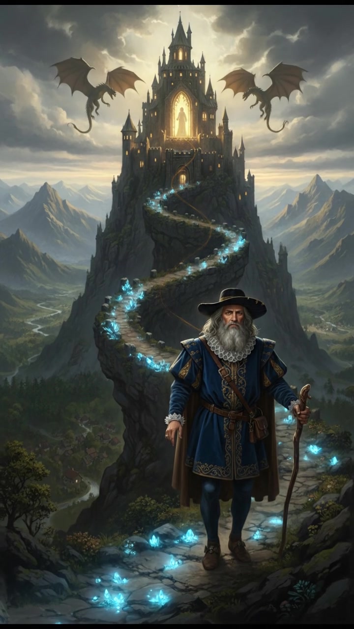 climbing a tall mountain toward a shining castle where their love is kept