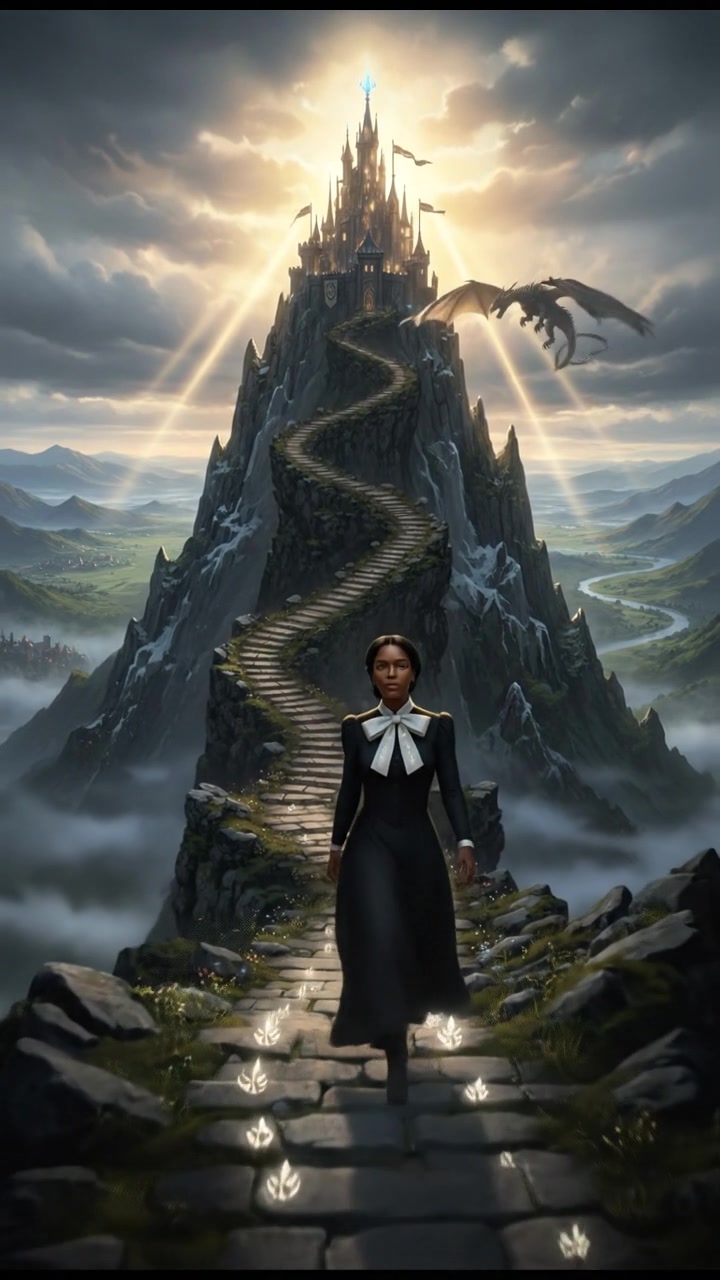 climbing a tall mountain toward a shining castle where their love is kept