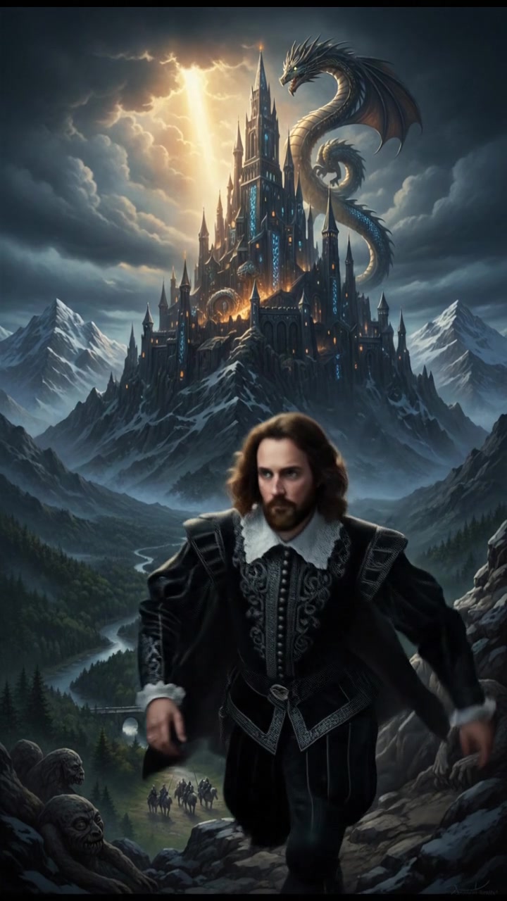 climbing a tall mountain toward a shining castle where their love is kept